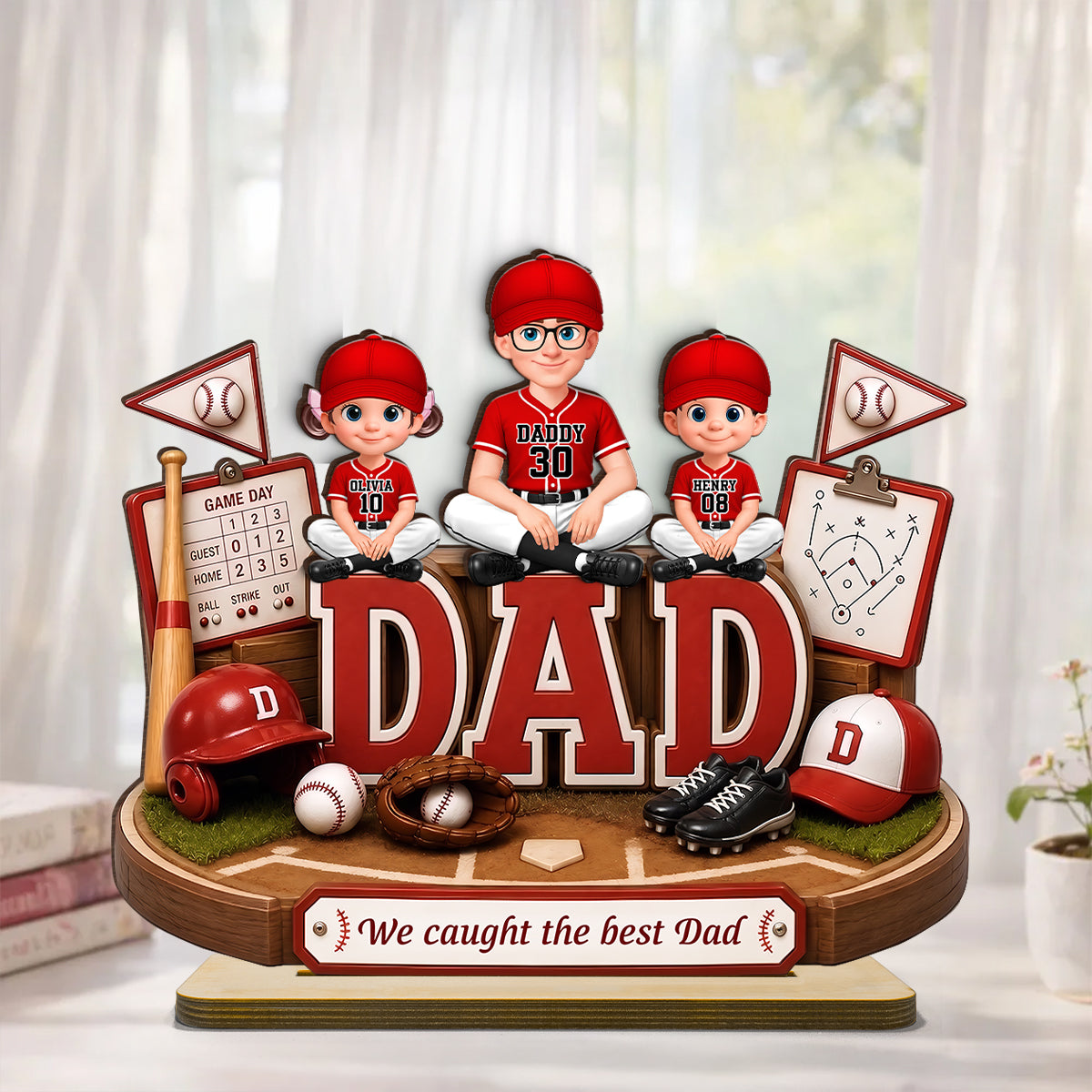 Baseball Dad Kids We Caught The Best Dad - Personalized 2-Layered Wooden Plaque -  Gift For Dad, Husband