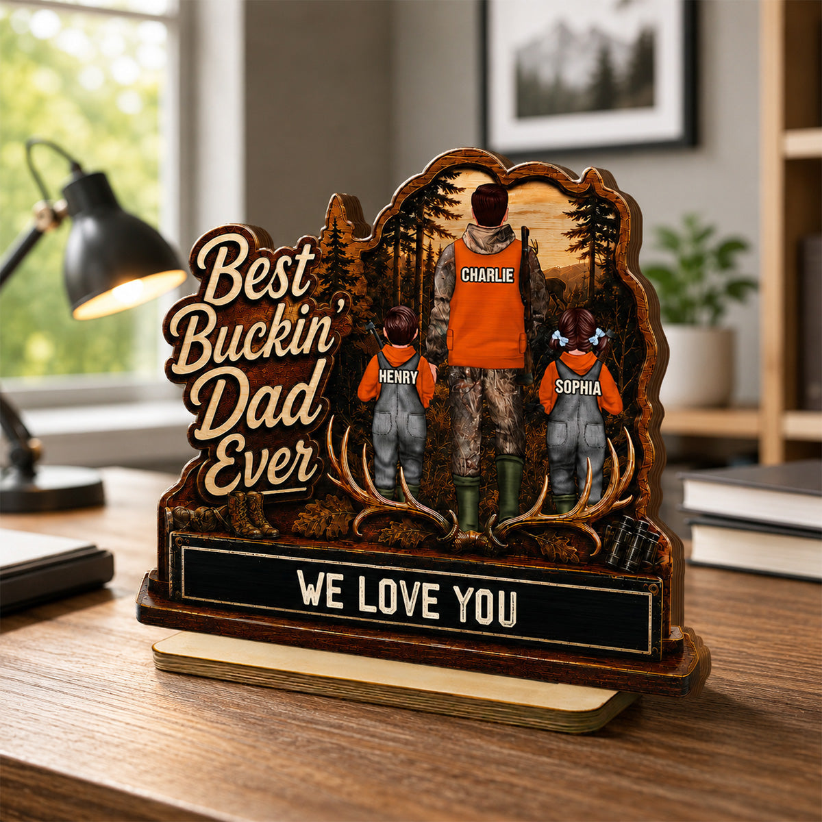Best Buckin' Dad Papa Ever Hunting Man & Kids 2D Flat - Personalized 2-Layered Wooden Plaque -  Gift For Hunting Dad, Grandpa