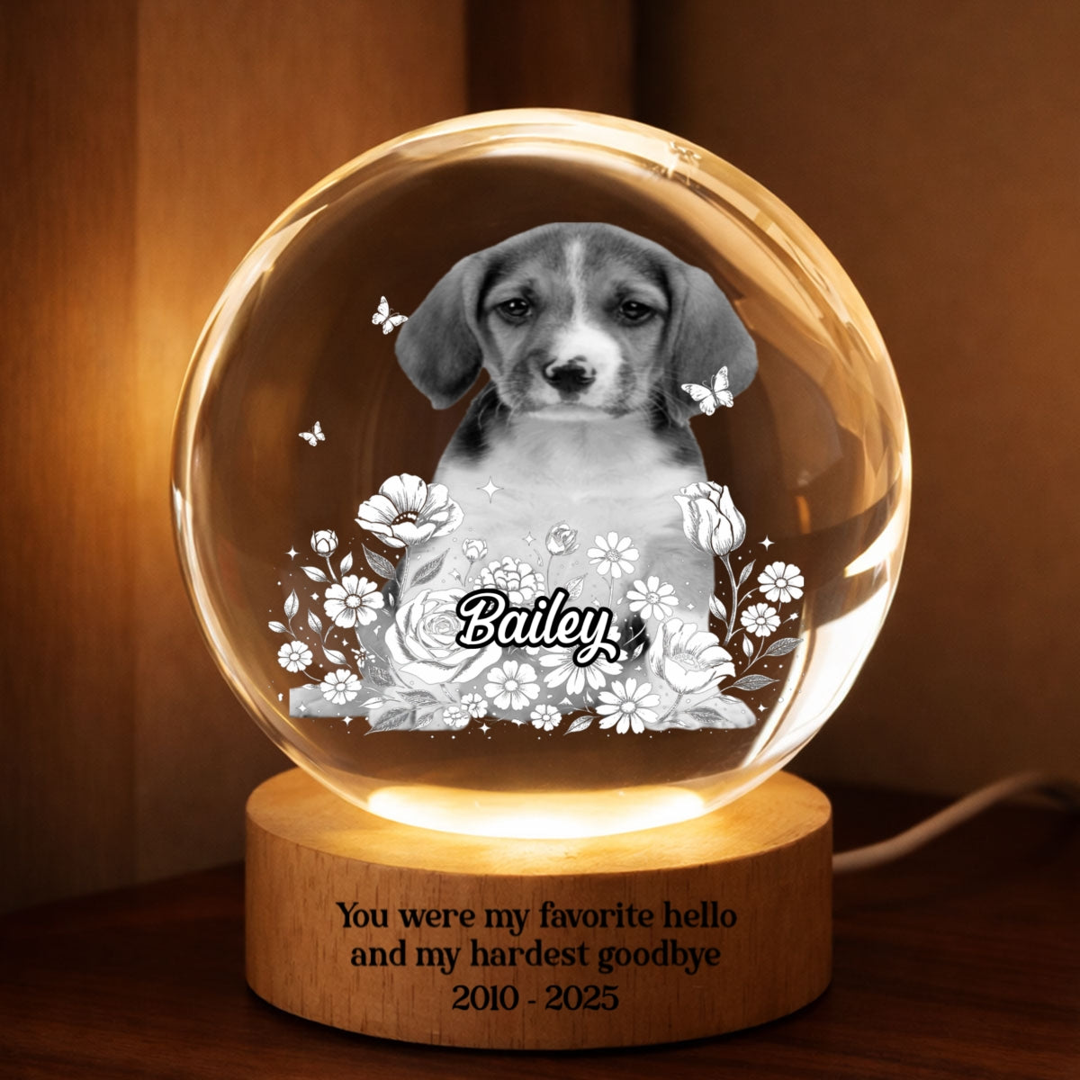 Custom Pet Portrait - Personalized Crystal Ball LED Night Light - Heartfelt Gift for Pet Lovers, Memorial Gift, Pet Remembrance