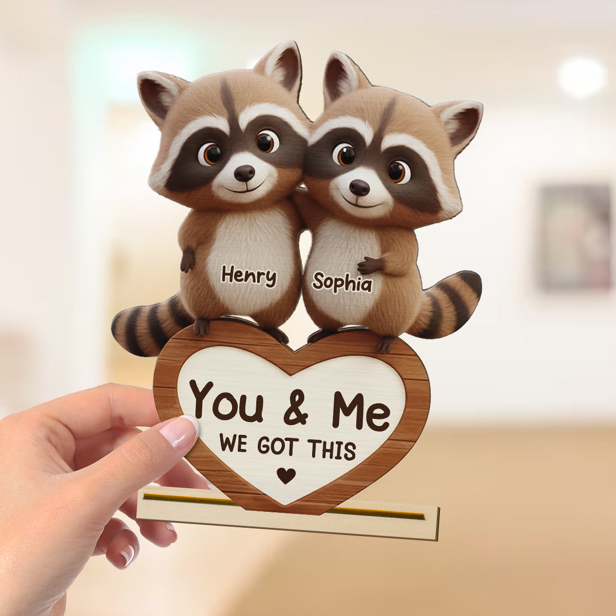 Raccoon Couple Annoying Each Other - Personalized Standing Wooden Plaque - Gift for Couple, Gift for him, Gift for her