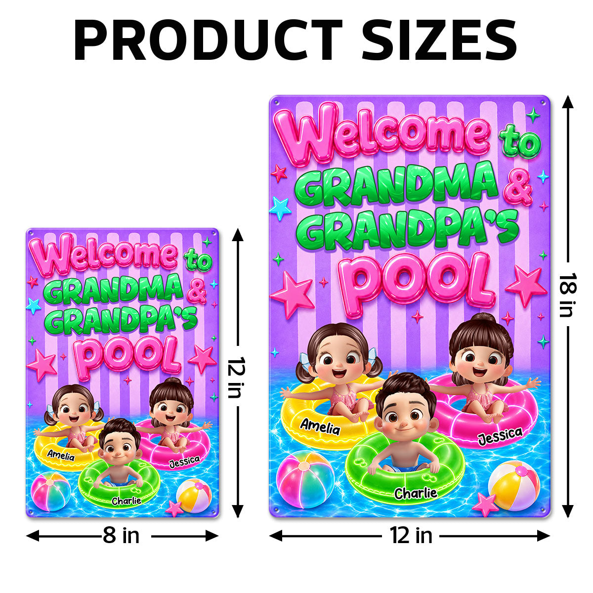 Neon Stripe Summer Welcome to Grandma Grandpa's Pool - Personalized Metal Sign - Trendy Summer Decor