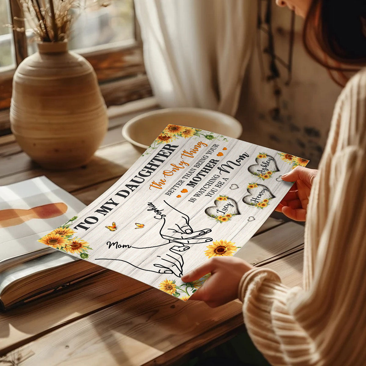 Sunflower To My Daughter Mom And Daughter Holding Hands Custom Kids Names - Personalized Poster - Mother's Day Gift For Daughter