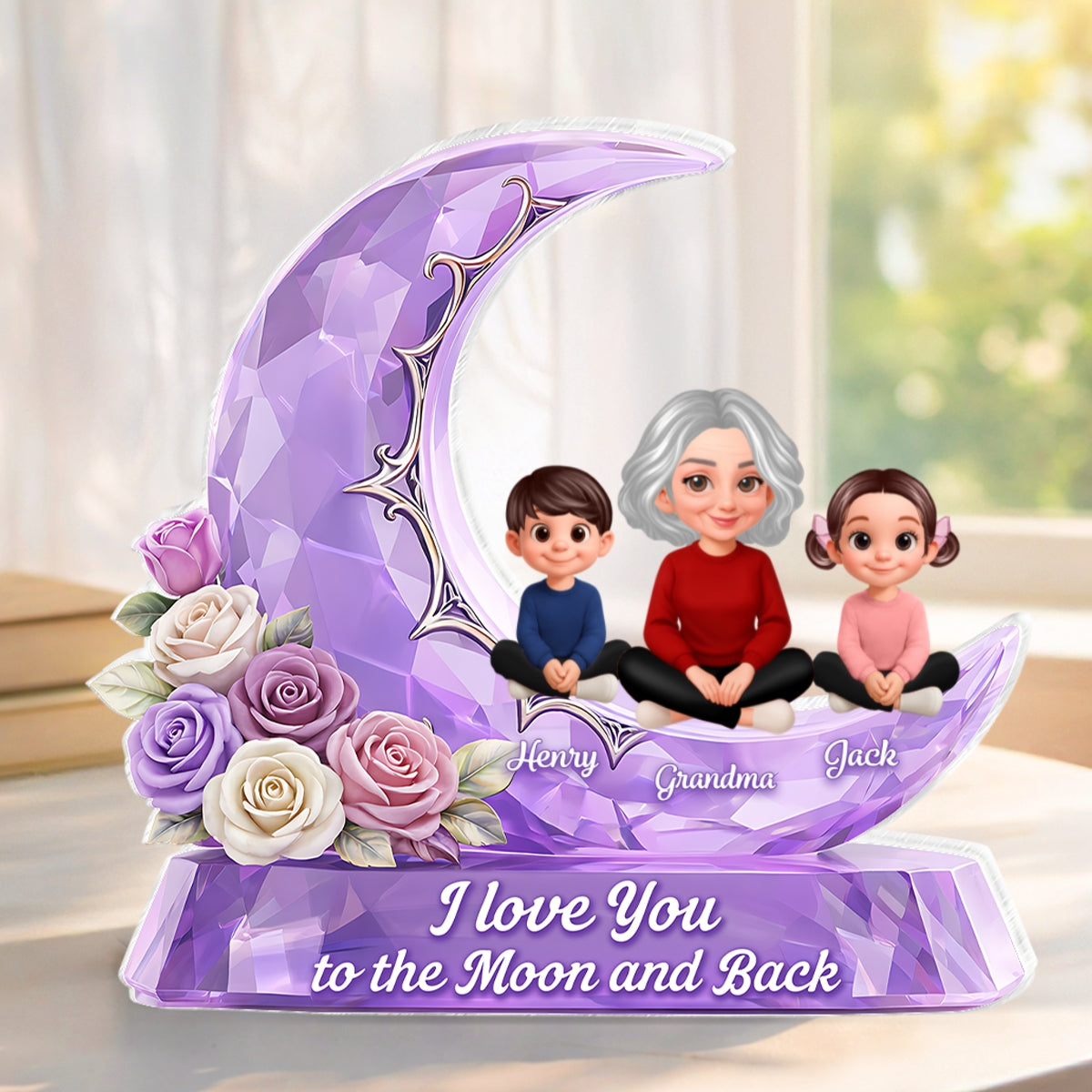 Love You To The Moon Grandma Grandkids Rose Moon - Personalized Acrylic Block Plaque - Heartfelt Gift For Mom, Grandma