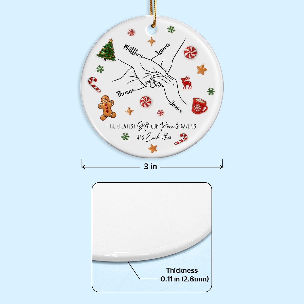 Sibling Hands Line Art - Personalized Ceramic Ornament - Christmas Gift For Brother, For Sister