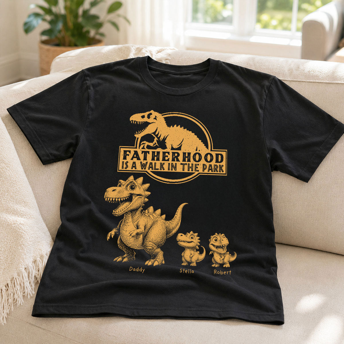 Retro Yellow Vintage Fatherhood Is A Walk In The Park Dinosaurs - Personalized Shirt - Funny Father's Day Gift For Dad, Husband
