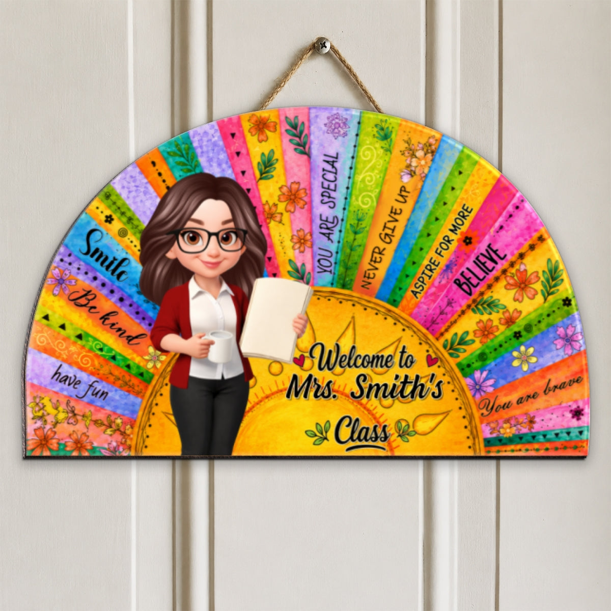 Welcome To Teacher Classroom Boho Sun Colorful Message - Personalized Door Hanger Sign - Back To School Gift For Teacher
