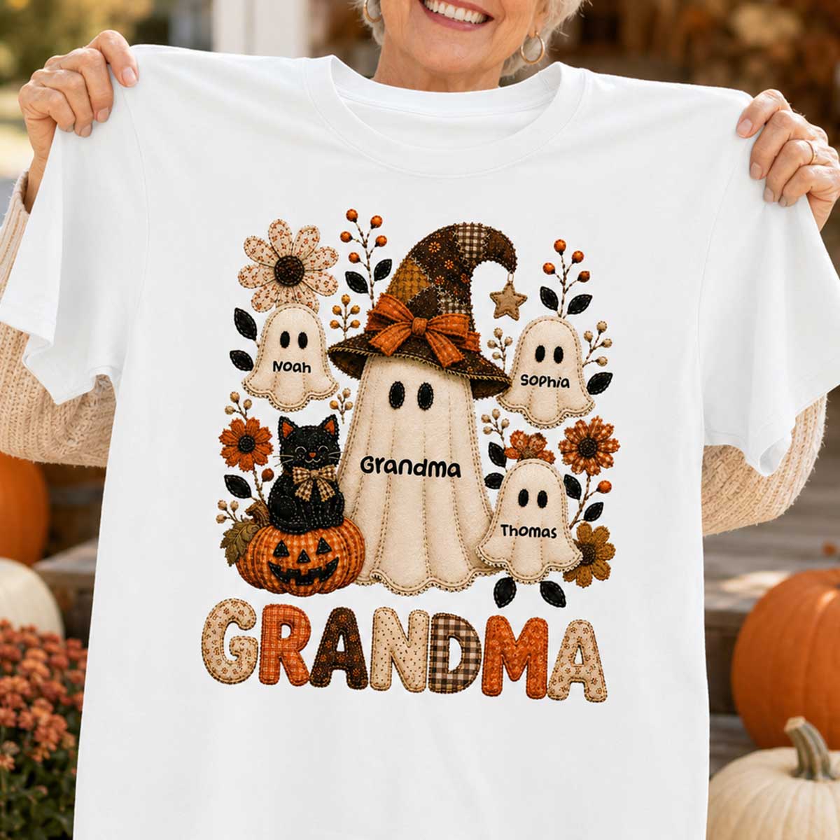 Cute Grandma Boo Witch Fall Season Halloween Faux Patchwork Pattern Coquette - Personalized Shirt - Halloween Gift For Grandma