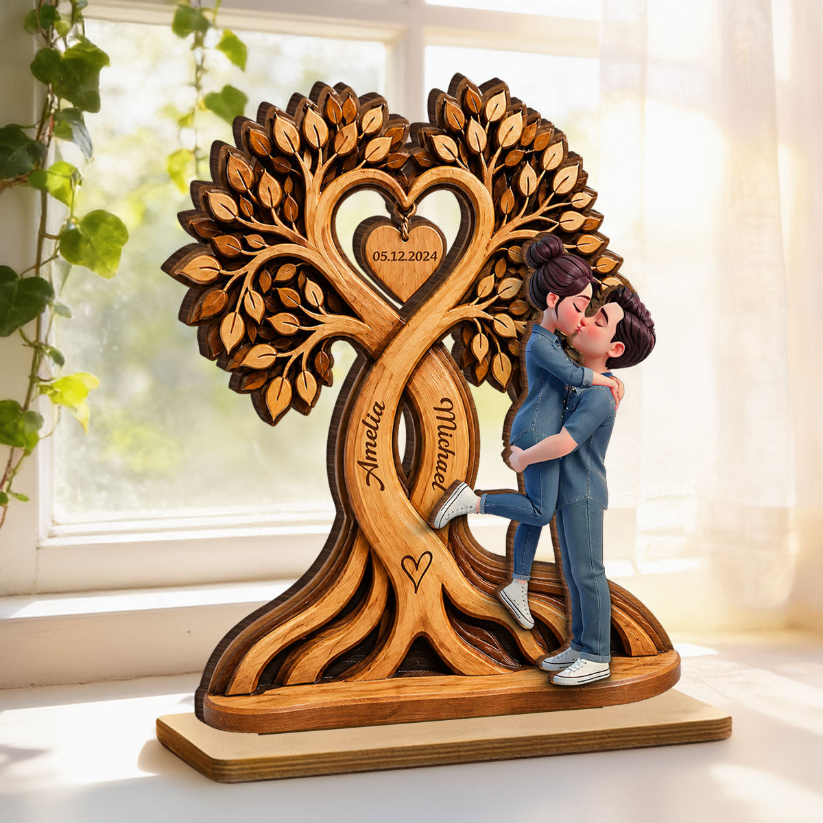 Couple Kissing Under Heart Tree - Personalized 2-Layered Wooden Plaque - Heartfelt Anniversary Gift for Him, for Her