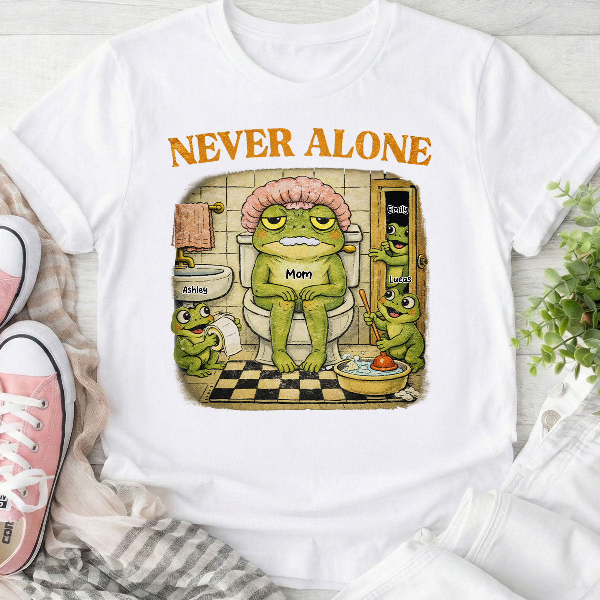 Never Alone Retro Frog - Personalized Shirt - Funny Mother's Day Gift for Mom, Wife, Mom Humor