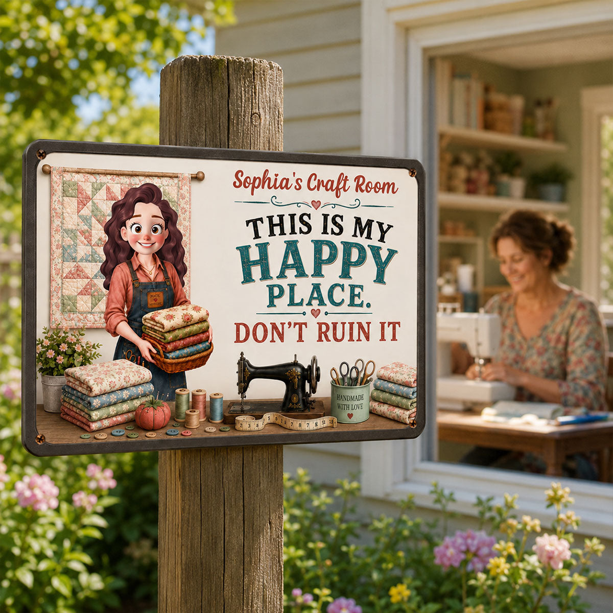 This Is My Happy Place Don't Ruin It Sewing Girl - Personalized Metal Sign - Craft Room Decor