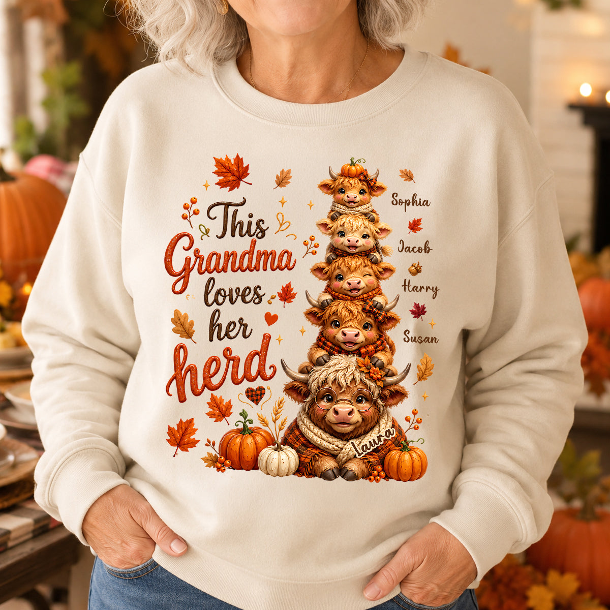 Grandma Grandkids Highland Cow Autumn - Personalized Shirt - Fall Season Gift, Gift For Grandma