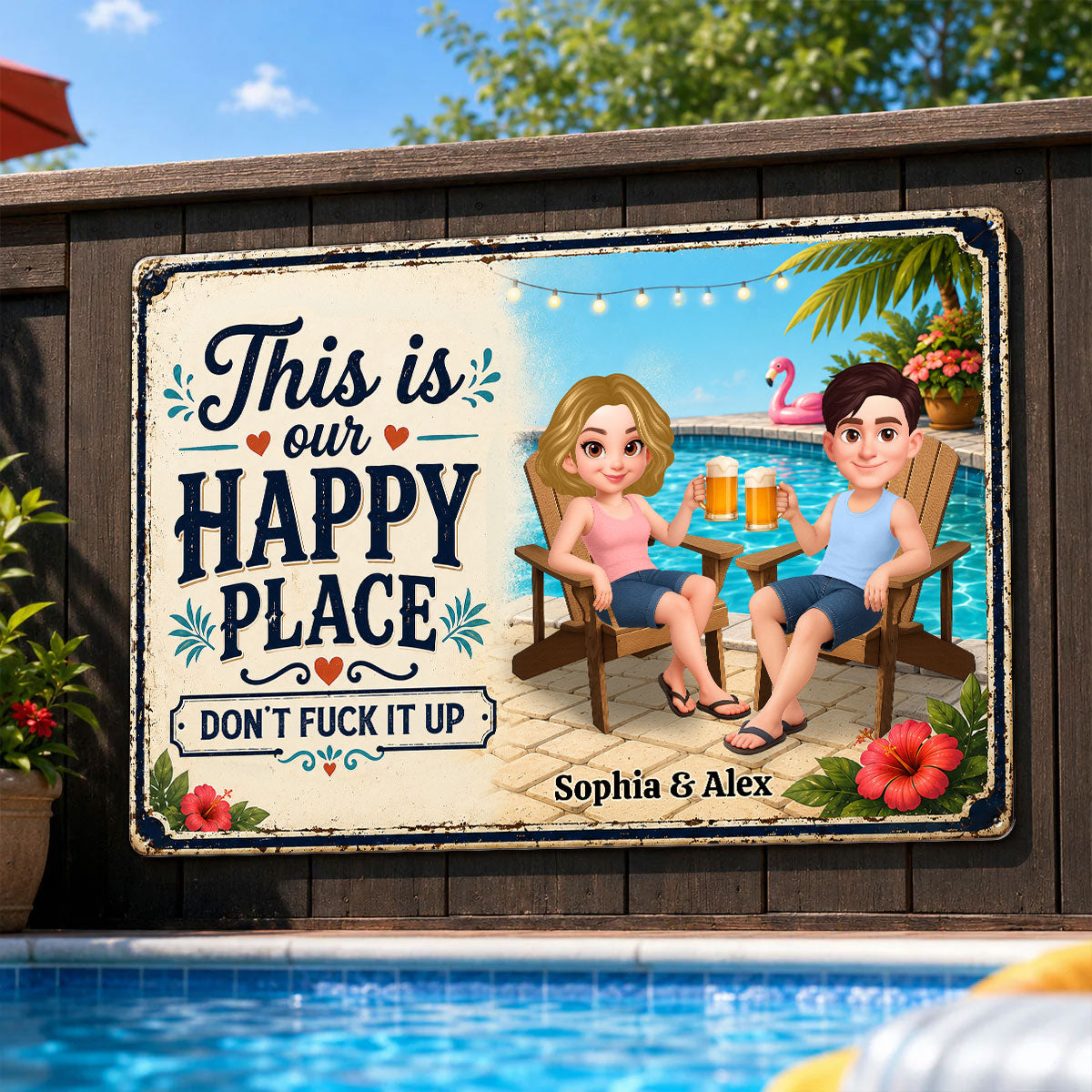 Welcome to Our Happy Place Swimming Pool - Personalized Metal Sign - Summer Decor for Couples