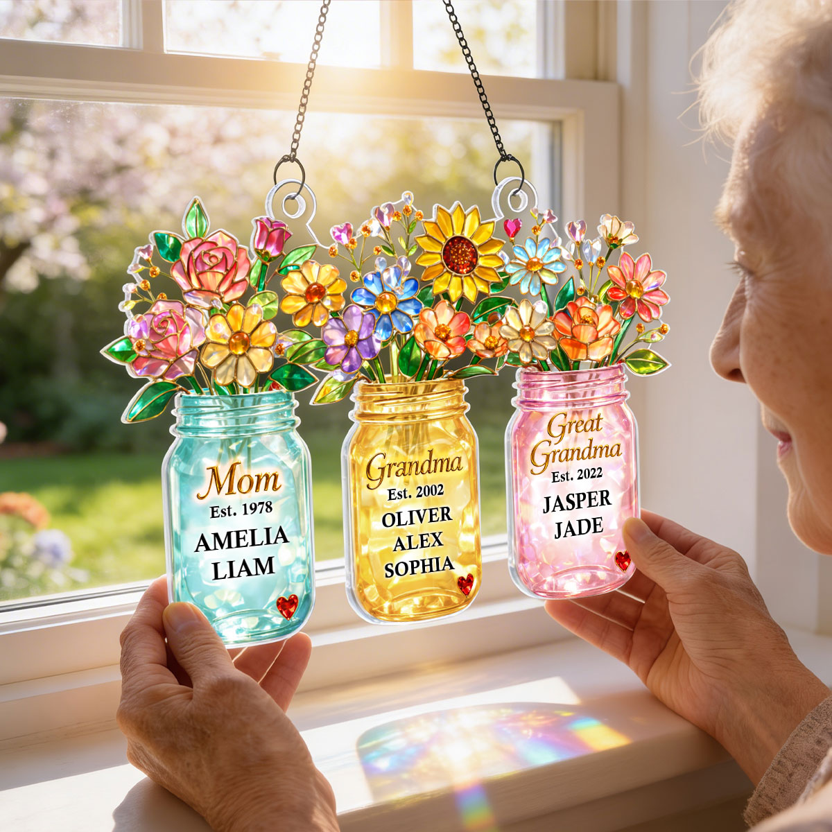 Mom Grandma Greatgrandma Flower - Personalized Suncatcher - Heartfelt Gift for Mom, Grandma