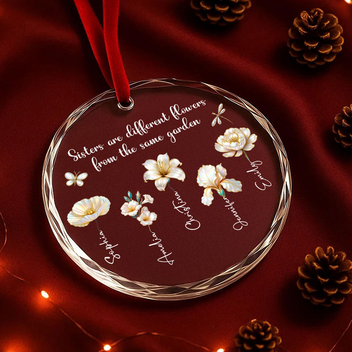 3D Effect Birth Flowers Sisters From The Same Garden - Personalized Glass Ornament - Birthday Christmas Just Because Gift For Sisters, Besties