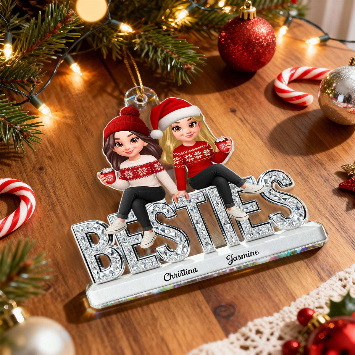 3D Shinning Effect Besties - Personalized Acrylic Car Hanger - Heartwarming Gift For Best Friends, Matching Group Ornaments