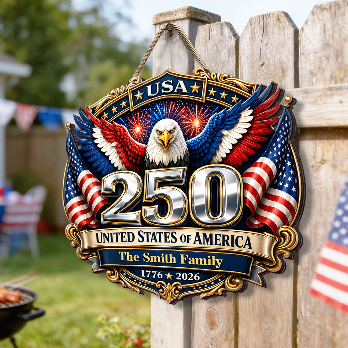 250th Anniversary America Patriotic Eagle - Personalized Wooden Sign - 250 Years of Freedom, Family Decoration