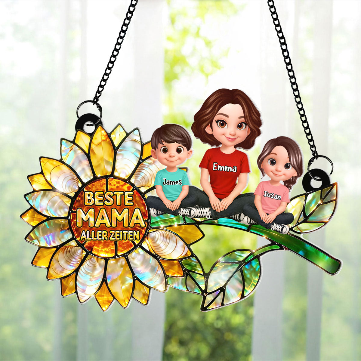 Sonnenblumen-Mama mit Kindern – Personalisierter Suncatcher fürs Fenster – Liebevolles Muttertagsgeschenk für Mama oder Ehefrau