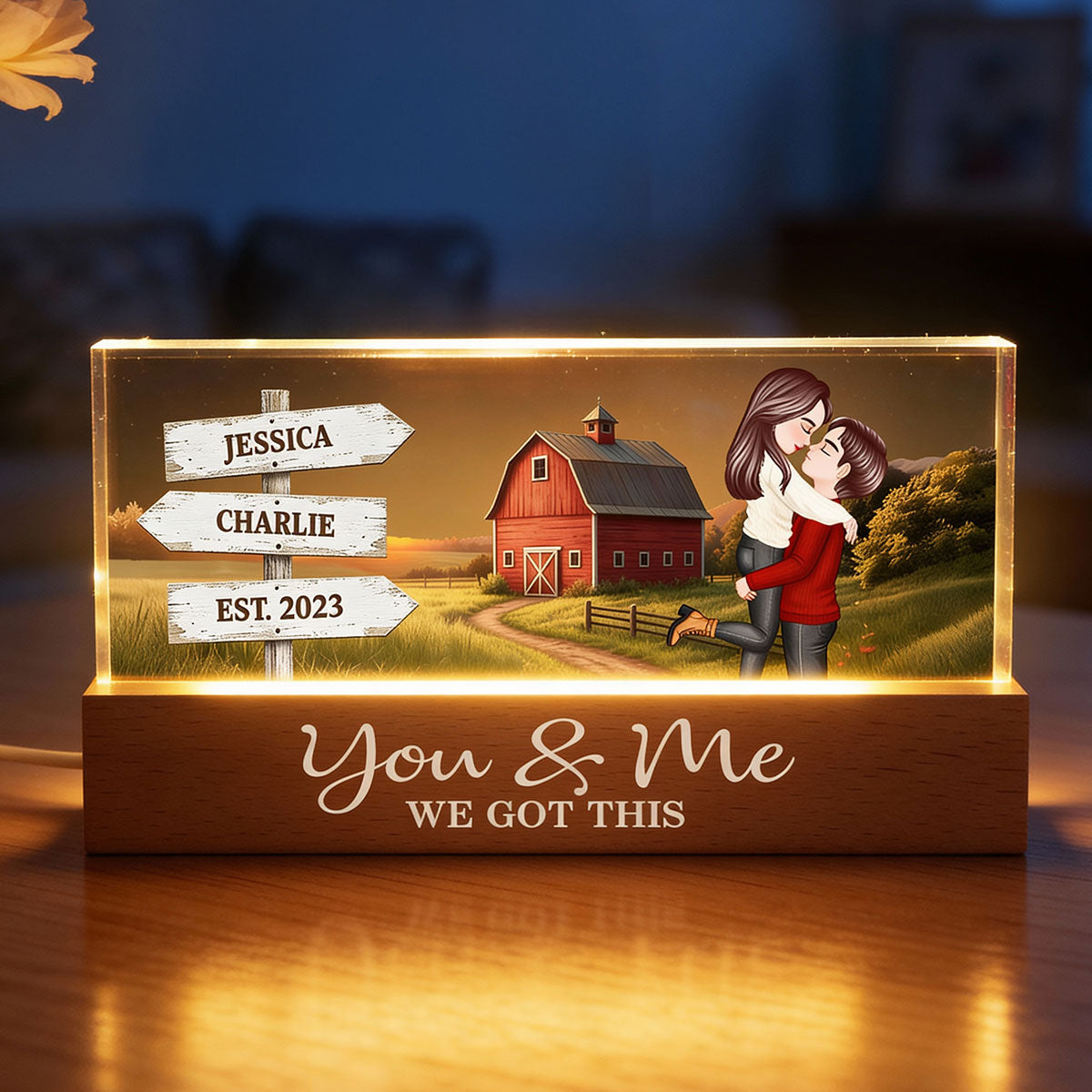 Rustic Nostalgia Red Barn House Sign Posts Couple Hugging Kissing Farmhouse Decor - Personalized Acrylic Block Plaque LED Night Light - Heartfelt Valentine, Anniversary Gift For Him, For Her