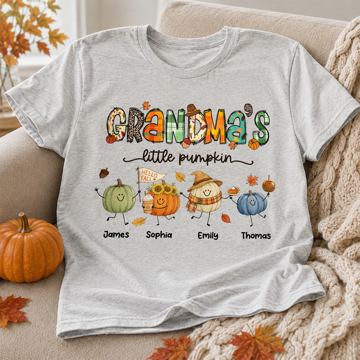 Grandma's Little Pumpkins Cute Doodle Pumpkins - Personalized Shirt - Fall Season Gift For Grandma, Mom