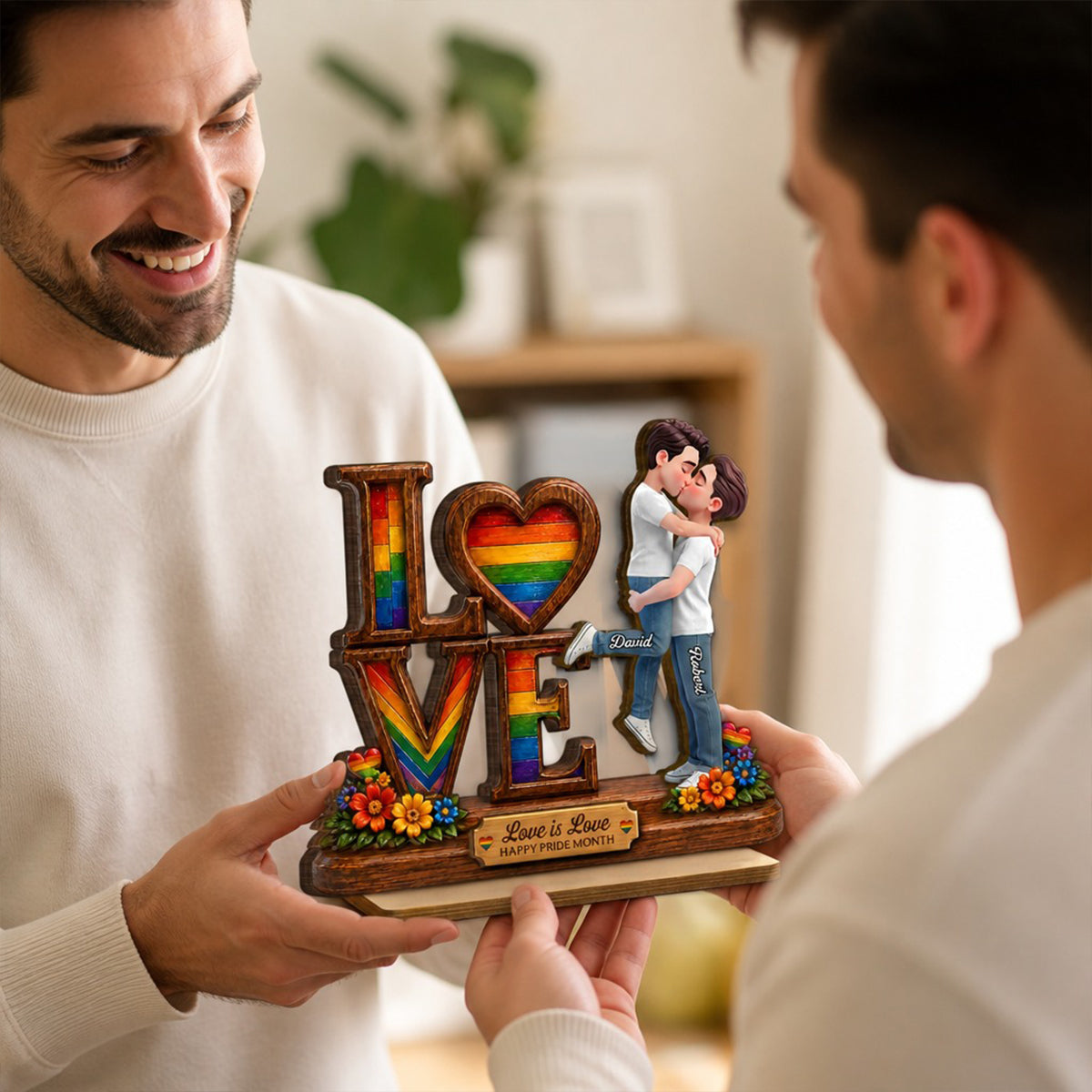 Pride Month Romantic Kissing Couple - Personalized 2-Layered Wooden Plaque - Gift For Couple, Happy Pride Month