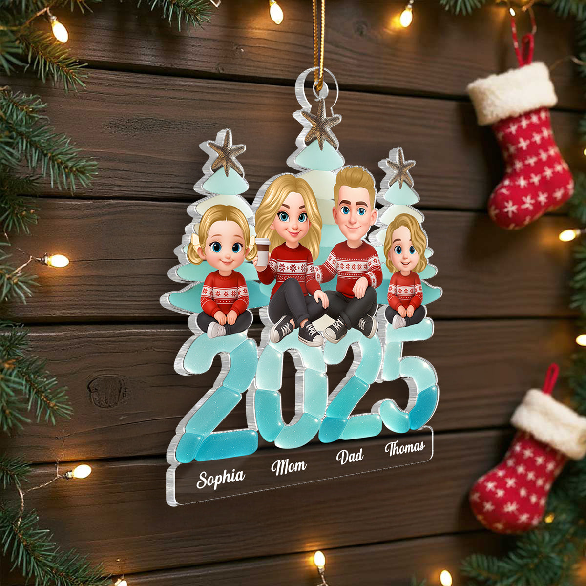 3D Effect Sea Glass Christmas Family Sitting On Text - Personalized Acrylic Ornament