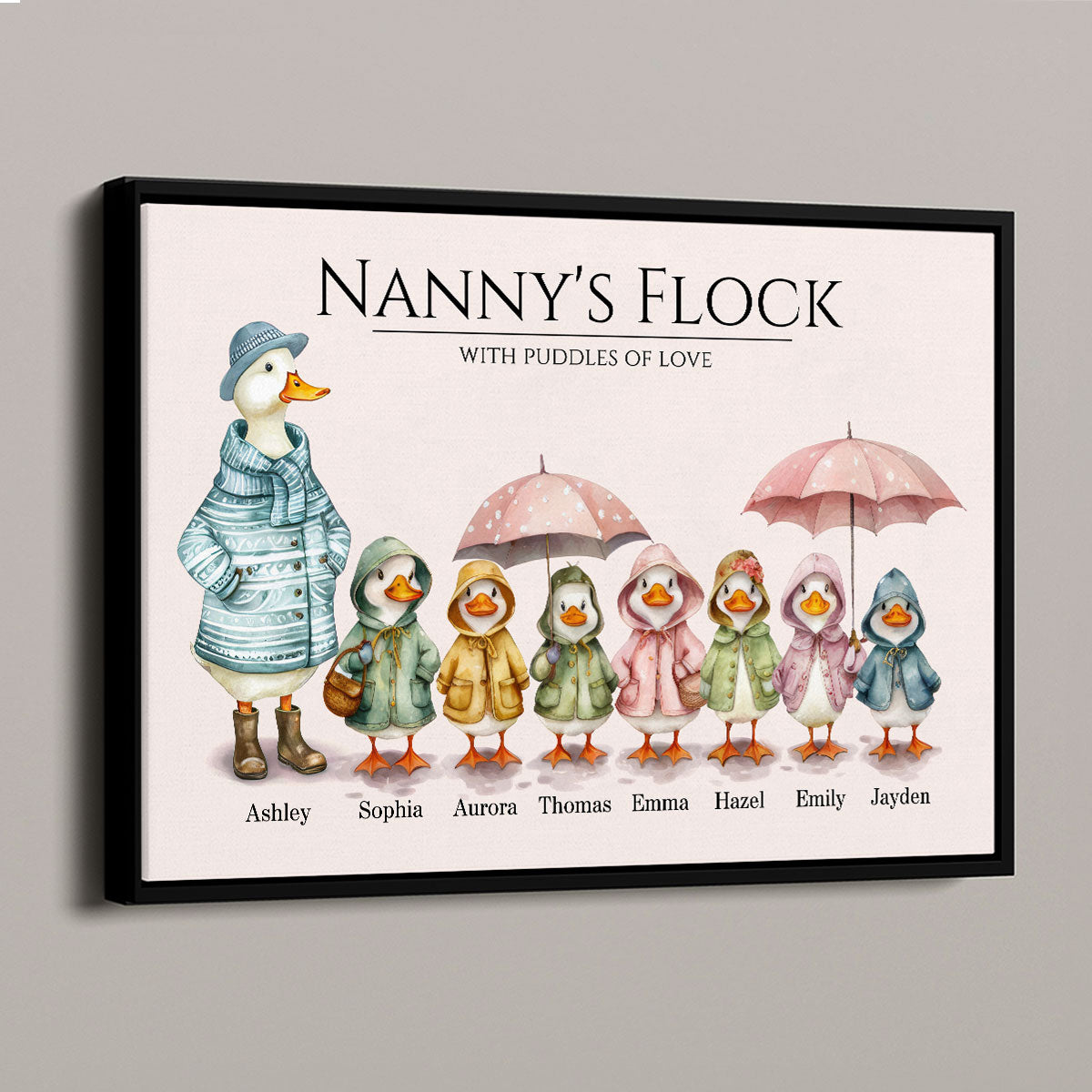 Nanny's Flock Gift For Grandma Nana Grammy Cute Watercolor Ducks Personalised Poster, Mother's Day Gift