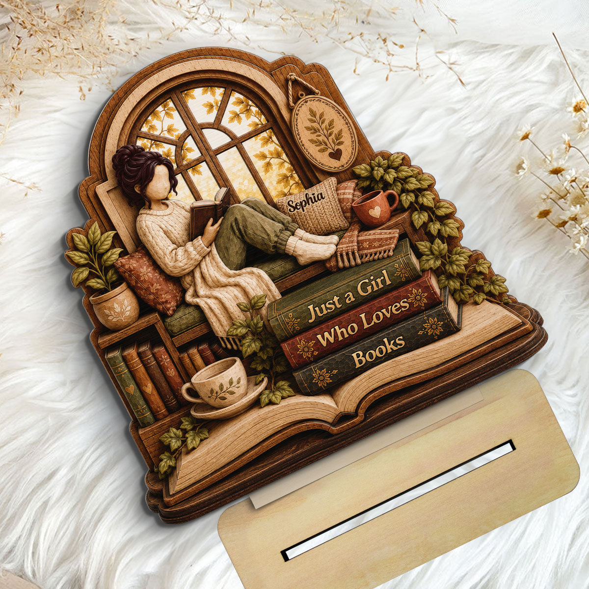 Book Lover's Corner 2D Flat - Personalized 2-Layered Wooden Plaque - Gift For Book Lover, Bookworm