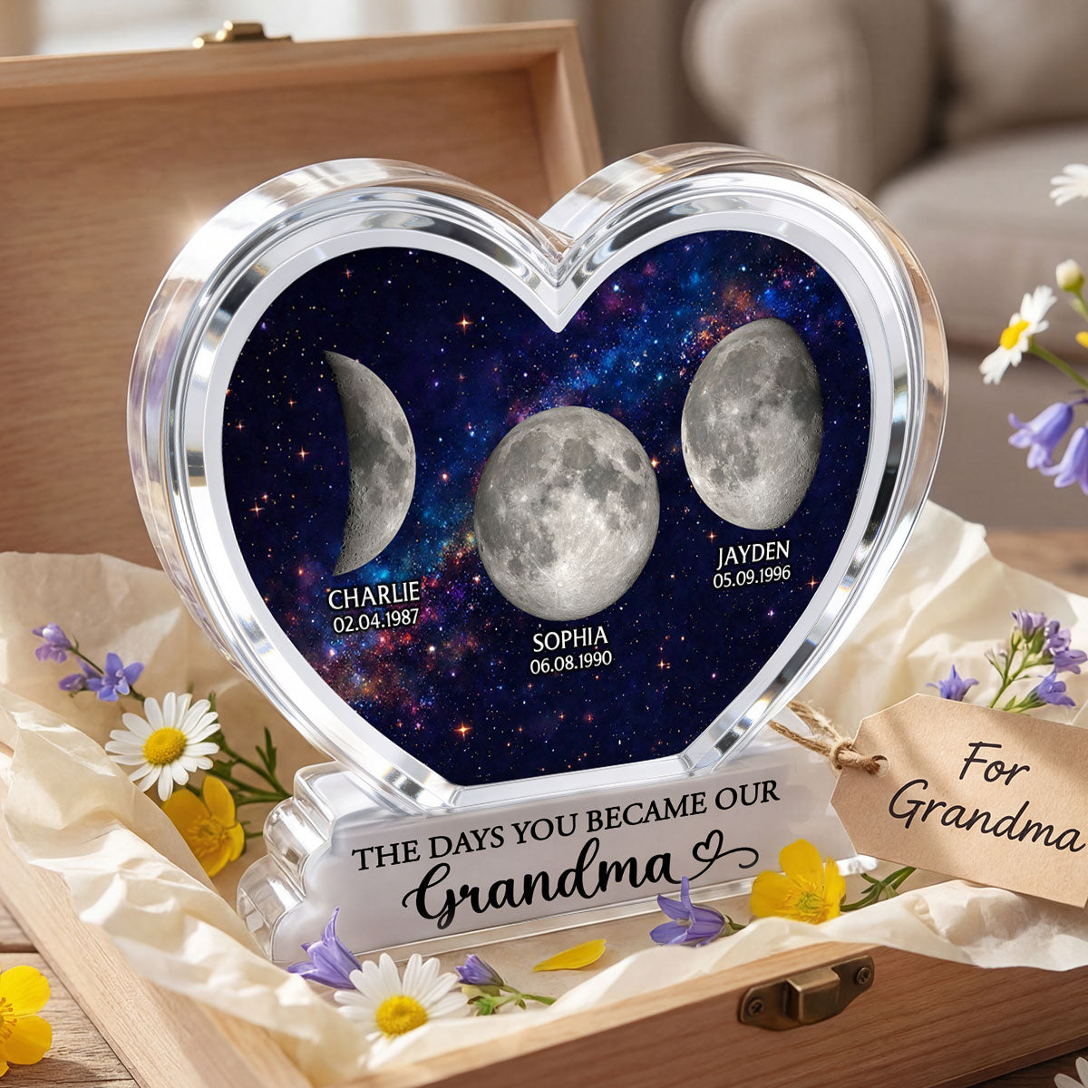 The Days You Became Our Mom Grandma Custom Birth Moon Phase 2D Flat - Personalized Acrylic Block Plaque - Mother's Day Gift For Mom, Grandma