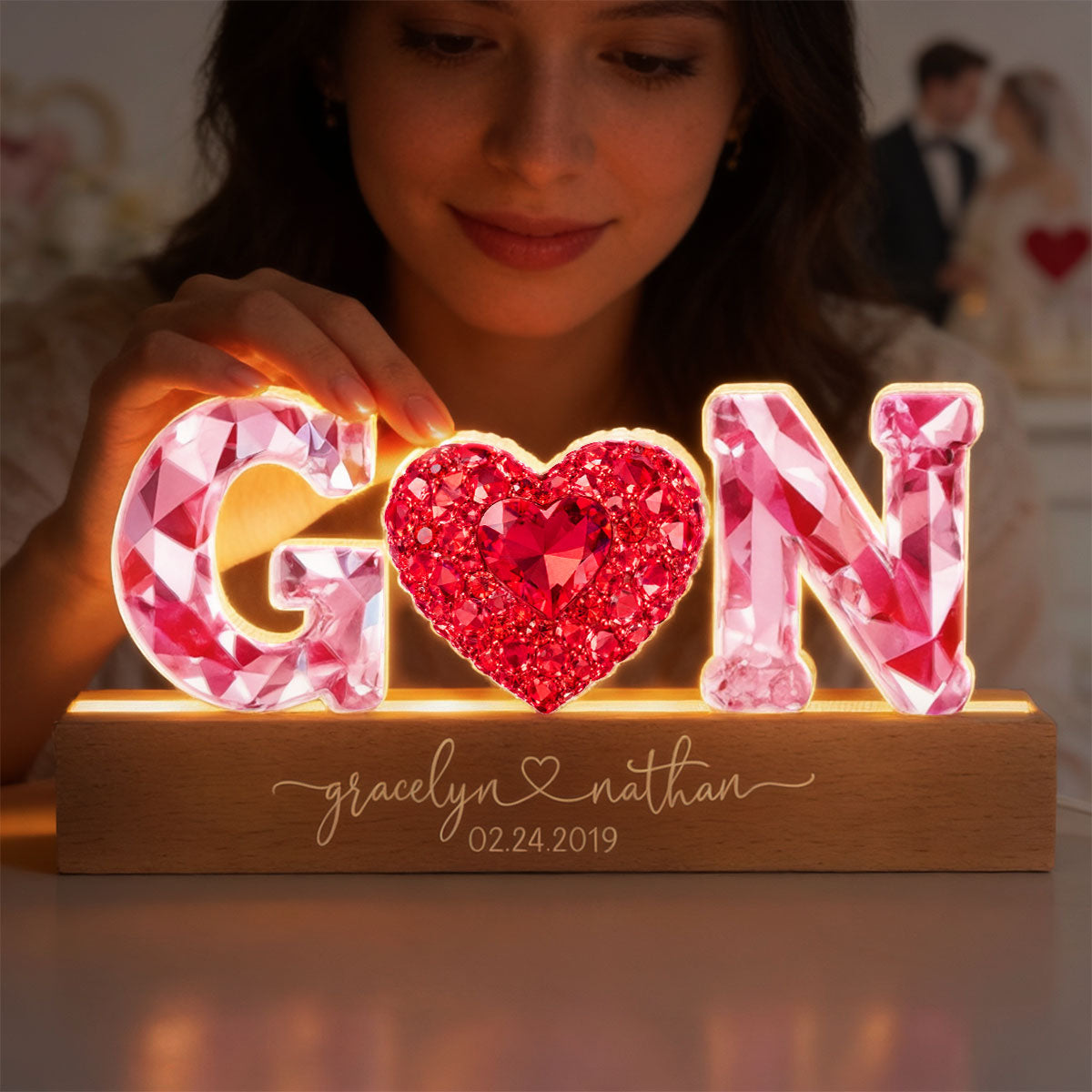 Couple Love Initial - Personalized Acrylic Block LED Night Light - Heartfelt Anniversary, Valentine's Day Gift for her, for him
