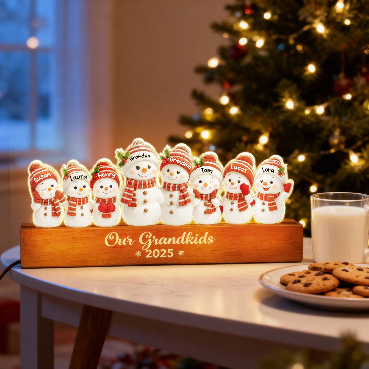 Festive Snowman Family Members - Personalized Acrylic Block Plaque LED Night Light - Christmas Gift for Family