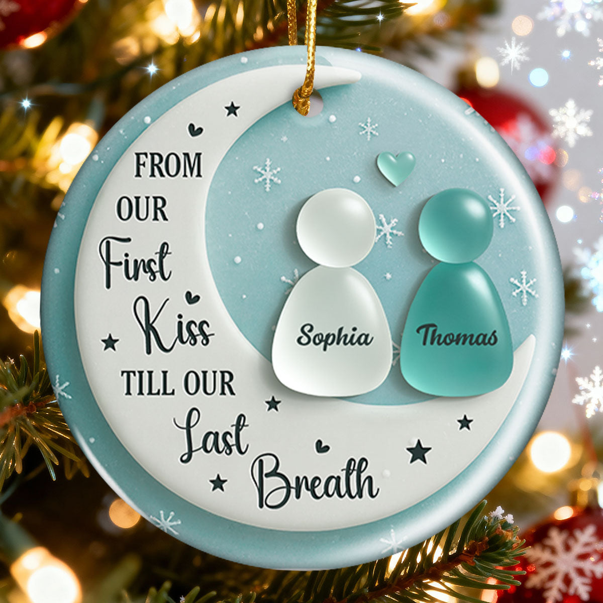3D Sea Glass Effect Couple On Moon - Personalized Ceramic Ornament With Acrylic Pieces