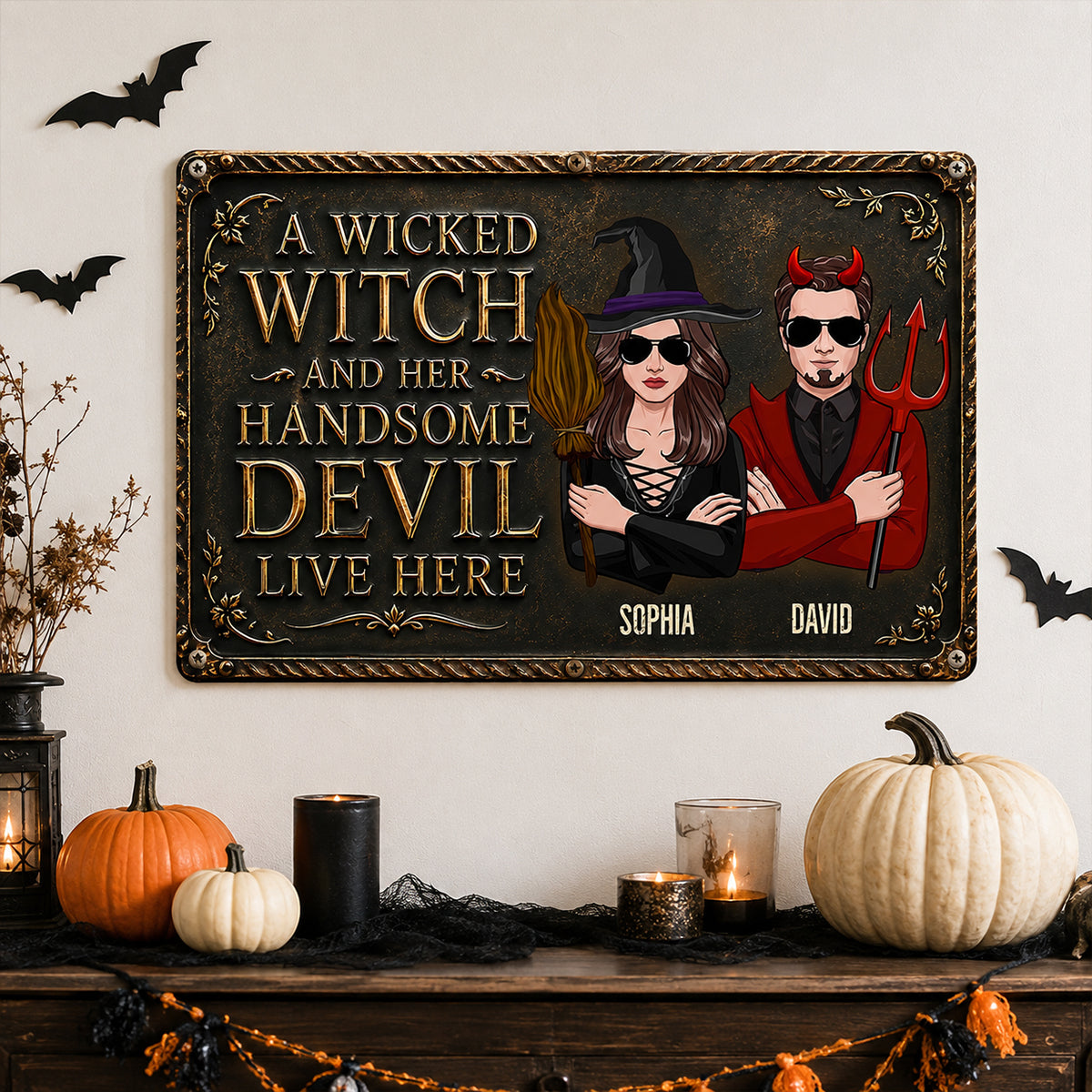 A Wicked Witch and Her Handsome Devil Live Here - Personalized Metal Sign - Halloween Decor for Couples