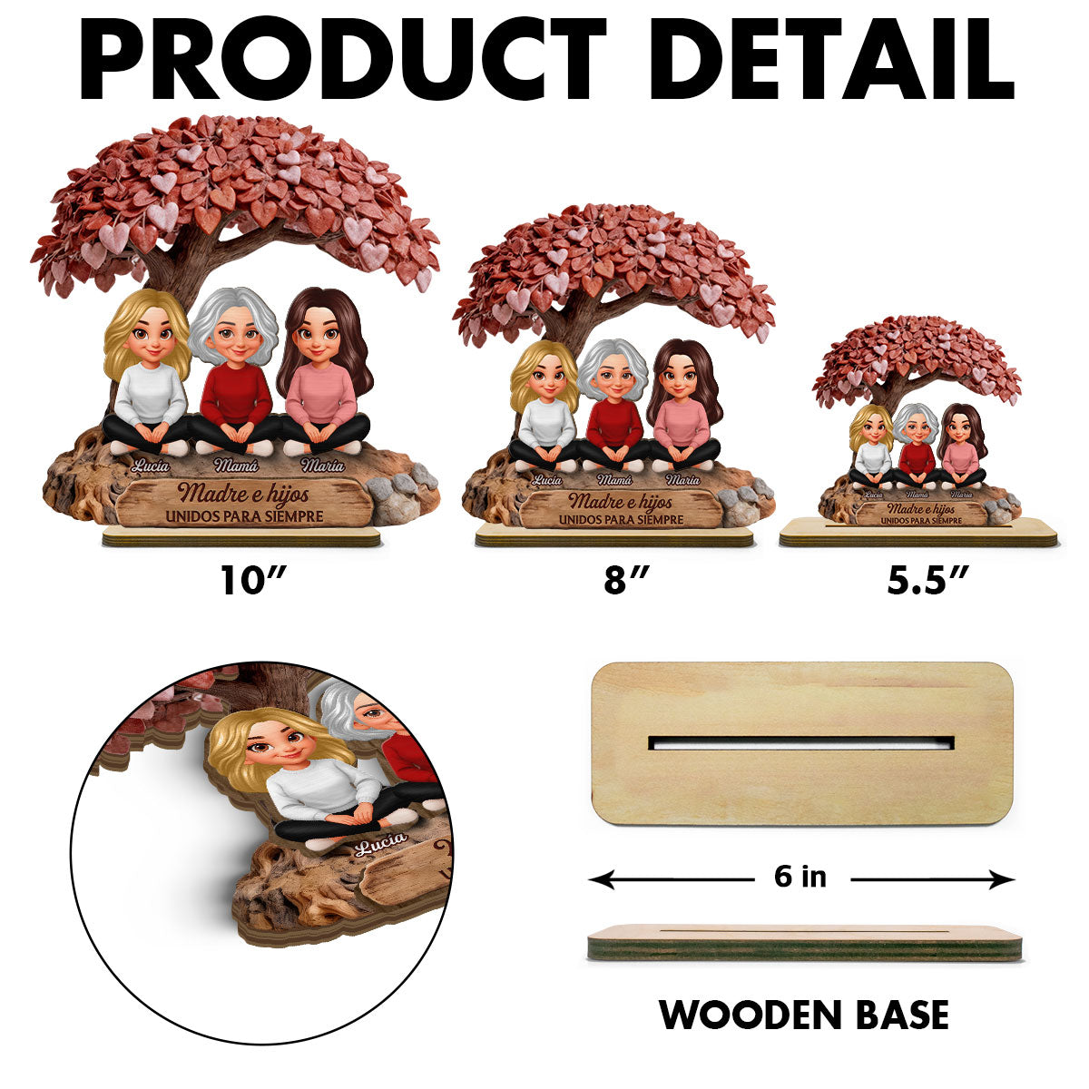 Mamá y Hija Hijo Bajo el Árbol del Corazón - Placa de Madera Personalizada de 2 Capas - Regalo para Mamá