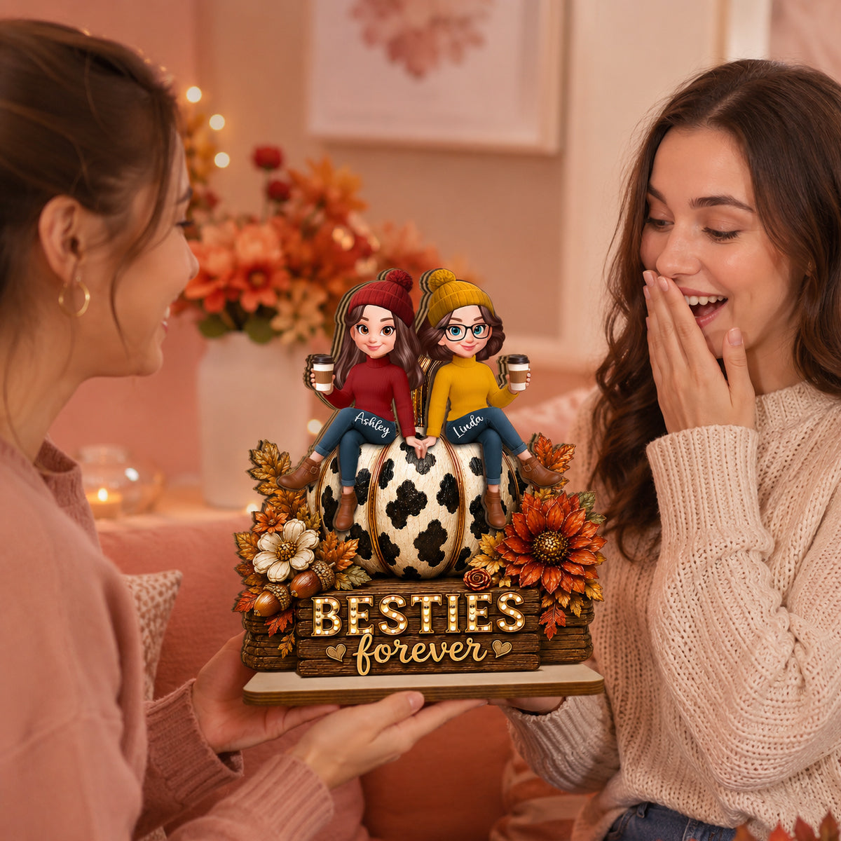 Besties Forever Pumpkin Western Fall Vibe - Personalized 2-Layered Wooden Plaque - Fall Decor for Best Friends