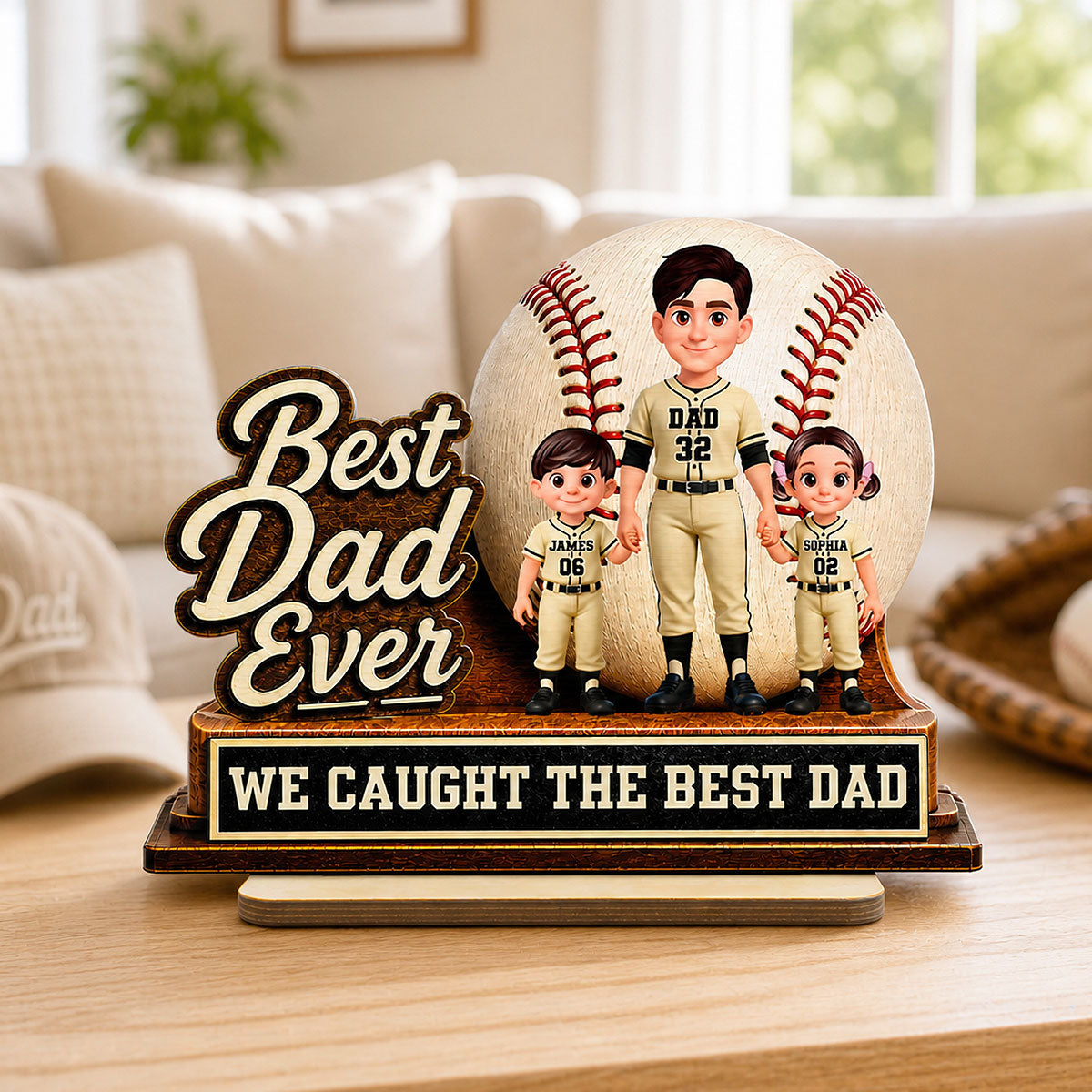 We Caught The Best Dad Dad & Kids - Personalized 2-Layered Wooden Plaque - Happy  For Baseball Softball Dad