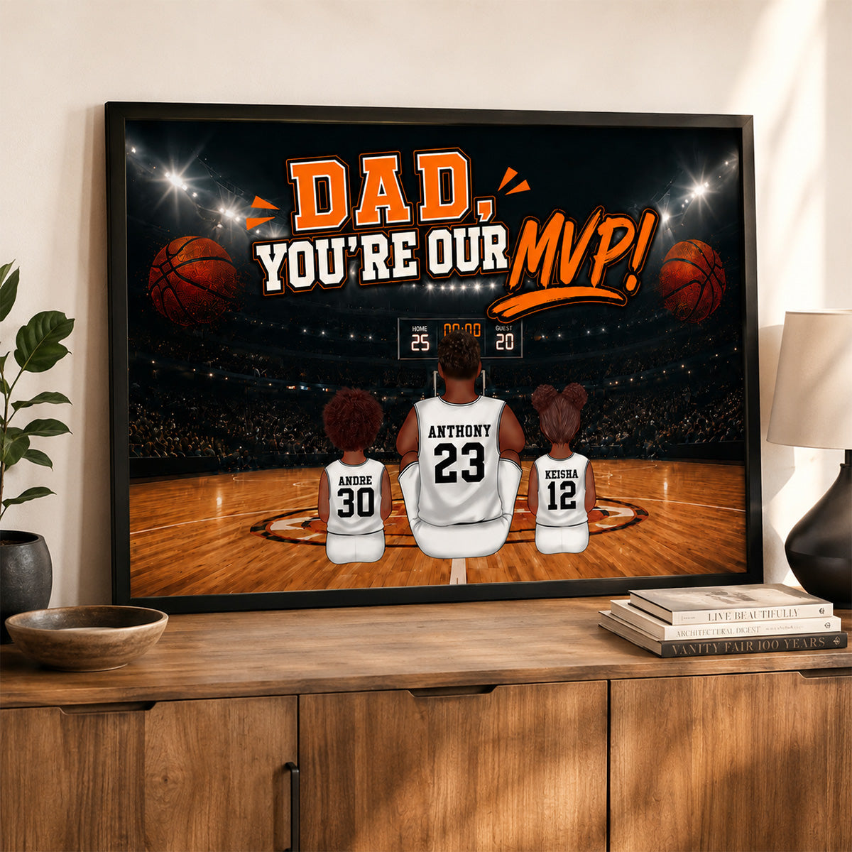 Dad You Are Our MVP Sitting Basketball Man & Kids 2D Flat - Personalized Poster - Father's Day Gift For Basketball Dad