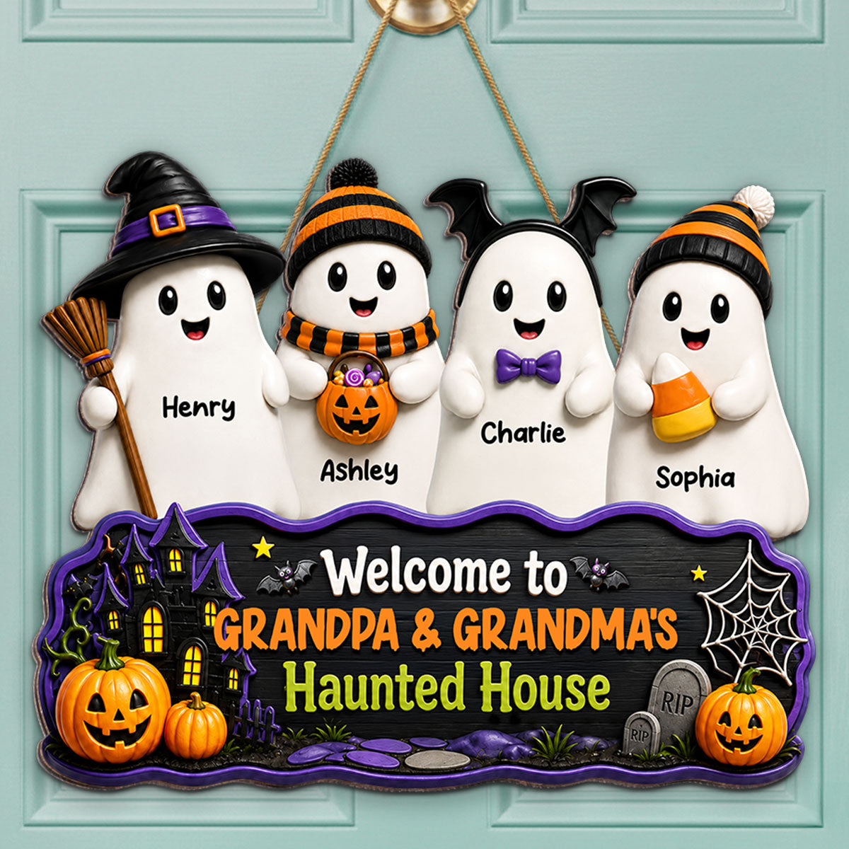 Halloween Welcome To Grandma Grandpa Haunted House Cute Boo Kids - Personalized Wood Sign - Halloween Decoration For Grandparents
