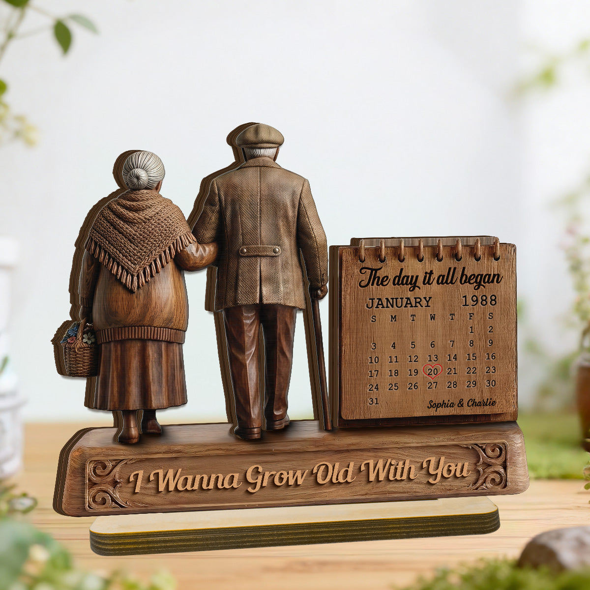 Old Couple Walking Side By Side Anniversary Date Calendar 2D Flat - Personalized 2-Layered Wooden Plaque