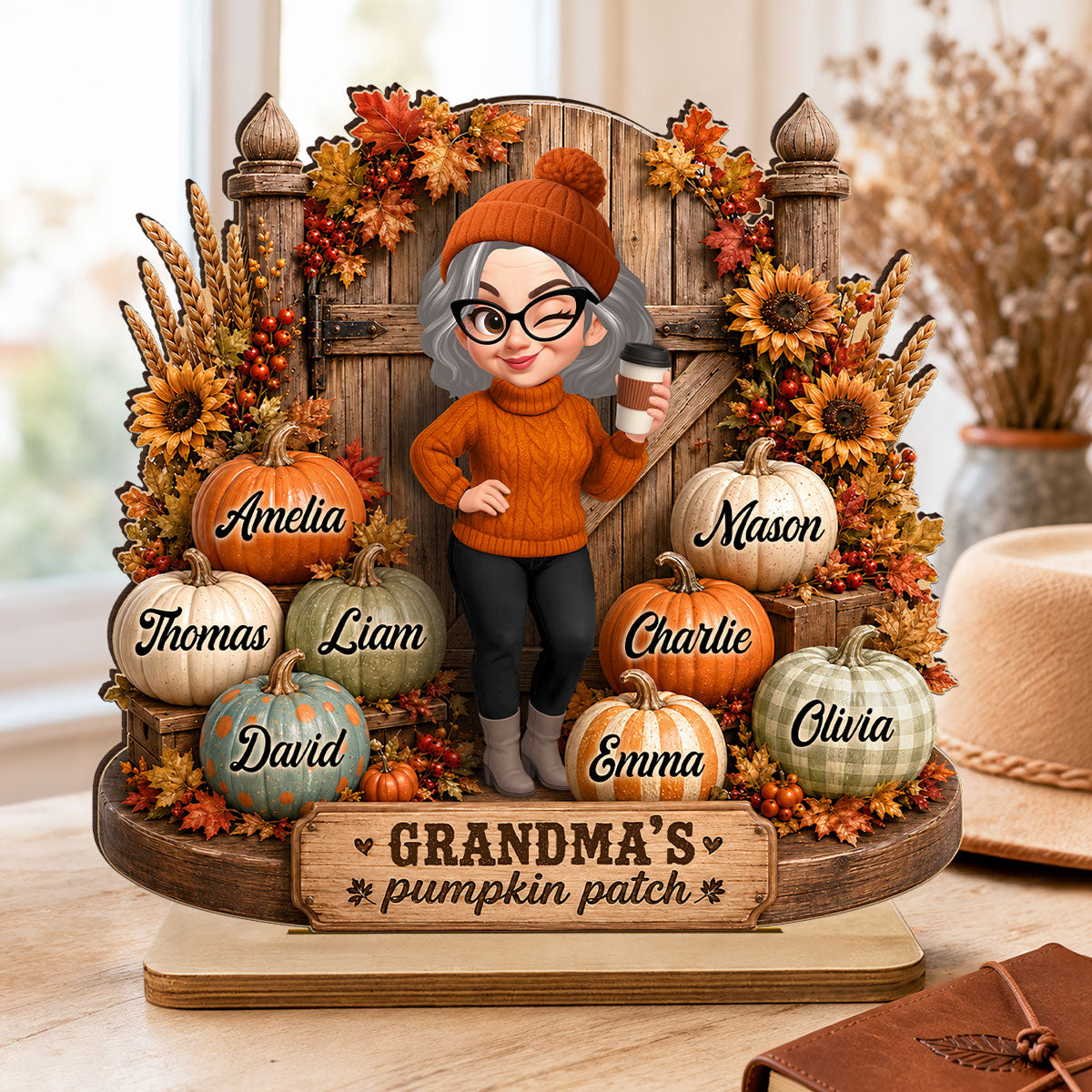 Grandma's Pumpkin Patch Rustic Farmhouse - Personalized 2-Layered Wooden Plaque - Fall Decor for Grandma