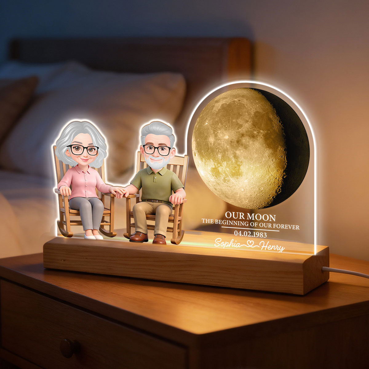 Old Couple Sitting On Rocking Chair Custom Moon Phase - Personalized Acrylic Plaque LED Night Light