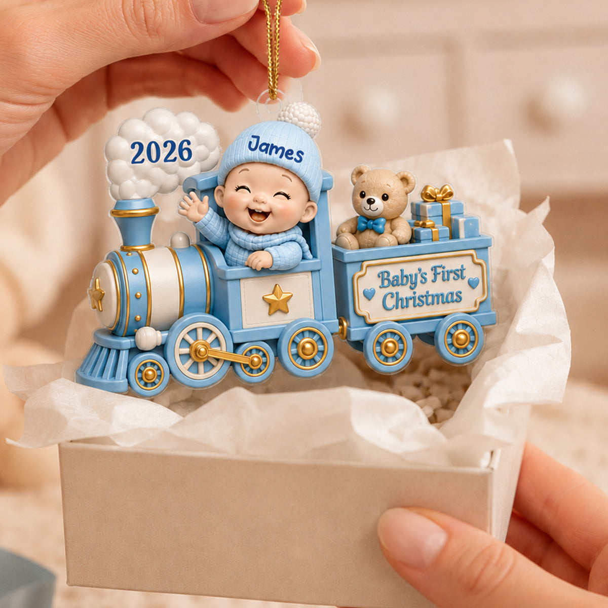 Baby First Christmas On Toy Train 2D Flat - Personalized Acrylic Ornament