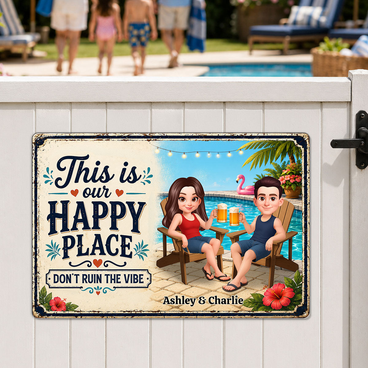 Welcome to Our Happy Place Swimming Pool - Personalized Metal Sign - Summer Decor for Couples