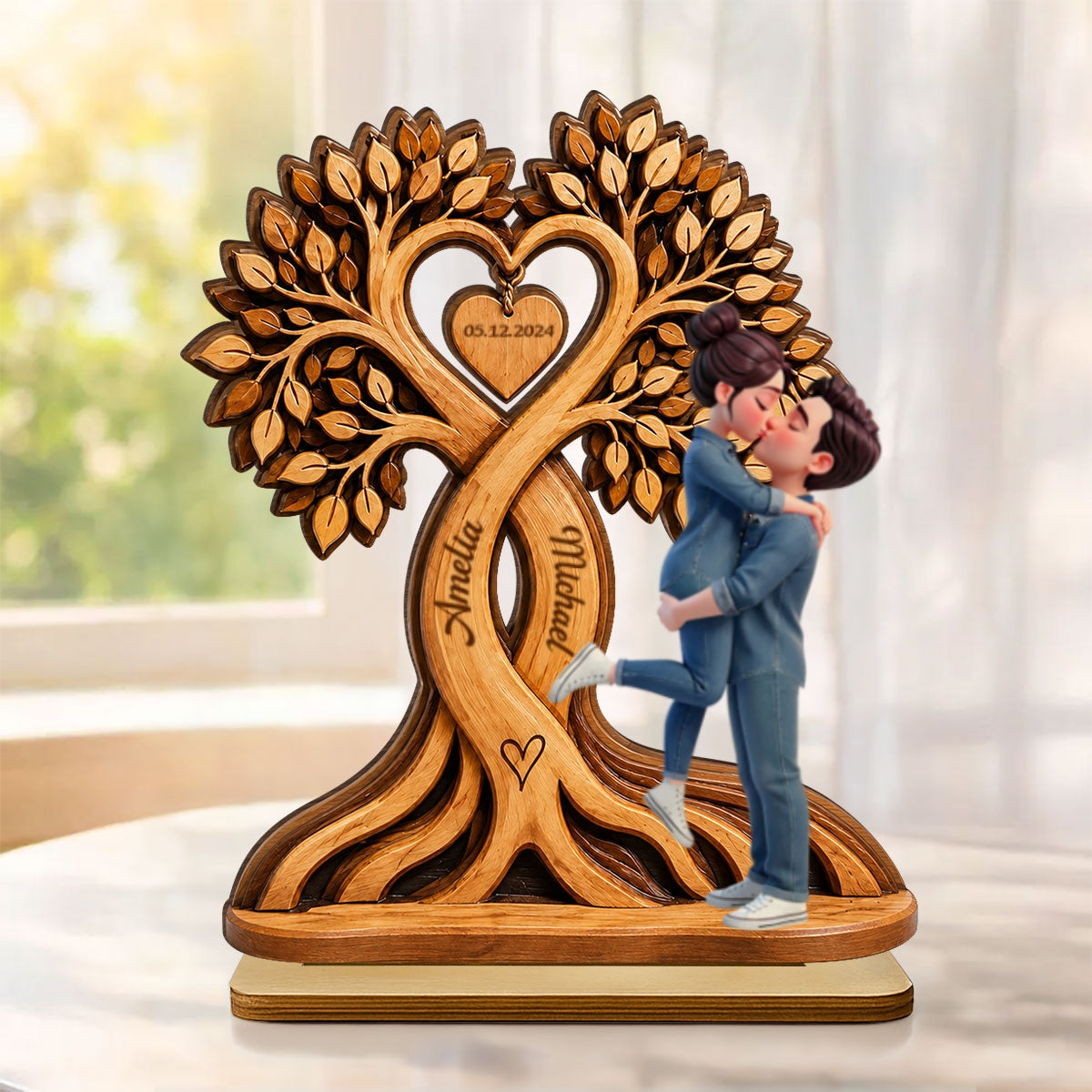 Couple Kissing Under Heart Tree - Personalized 2-Layered Wooden Plaque - Heartfelt Anniversary Gift for Him, for Her
