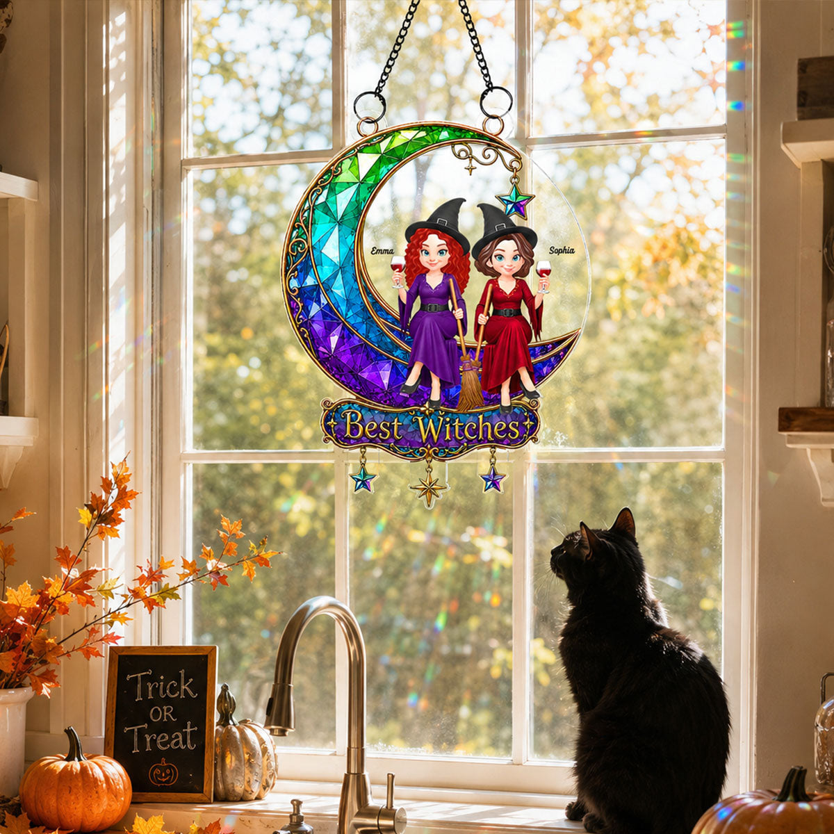 Beautiful Witches Sitting On Moon - Personalized Acrylic Window Hanging - Halloween Decoration For Besties, Girls
