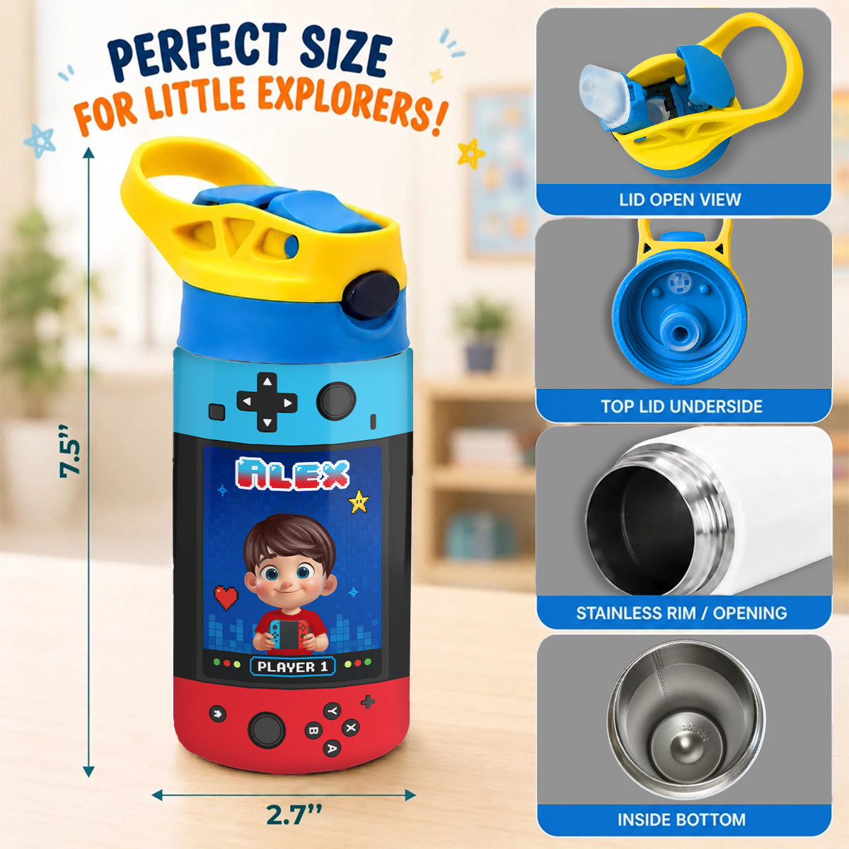 Gaming Controller Theme Cute Gamer Kid - Personalized Kid Insulated Water Bottle - Stainless Steel Toddler Cups with Straws, BPA Free, Leak-Proof