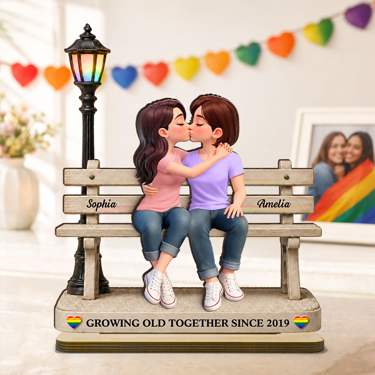 LGBT+ Couple Sitting On Bench - Personalized 2-Layered Wooden Plaque - Gift For Couple, Happy Pride Month