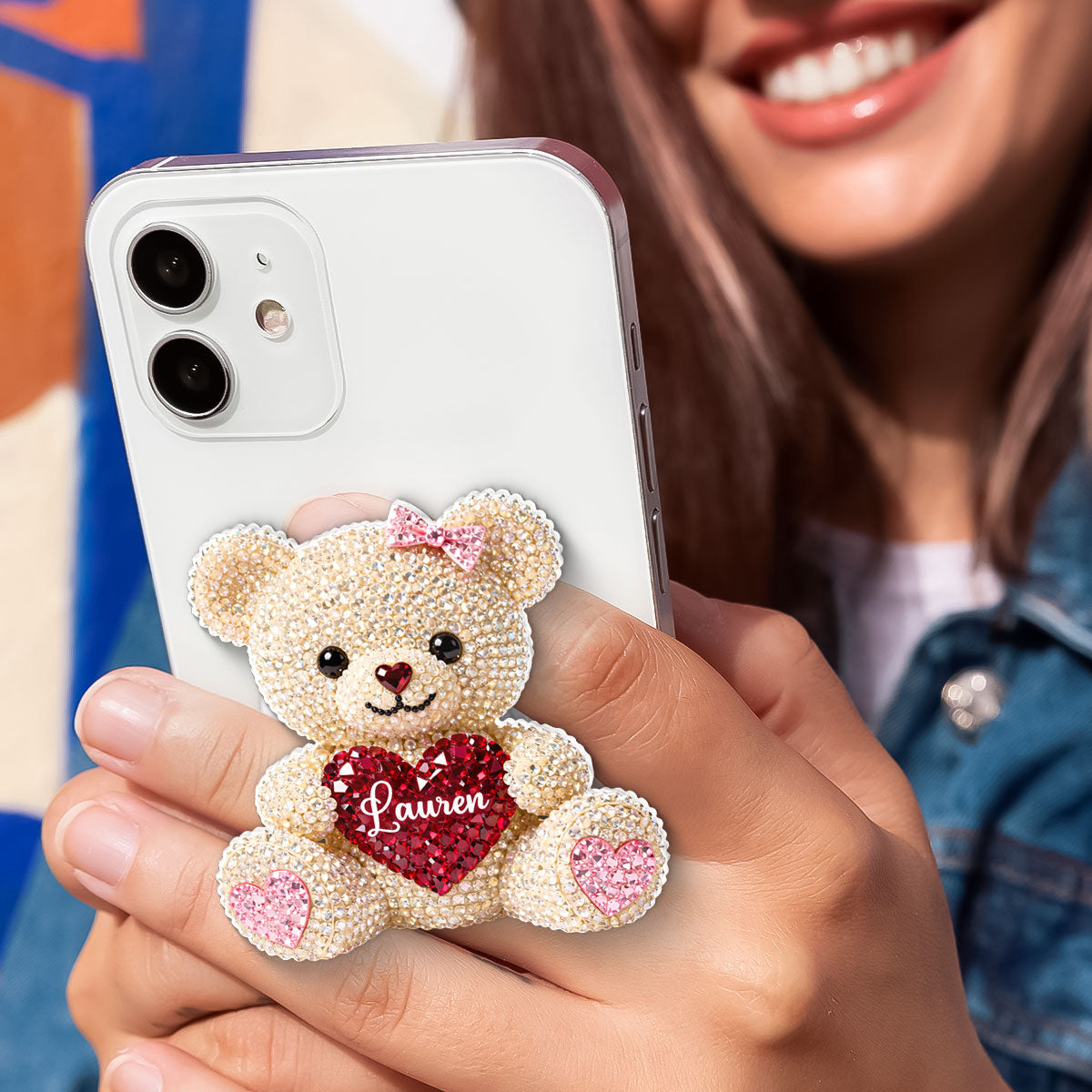 3D Effect Teddy Bear Valentine - Personalized Acrylic Magnetic Phone Grip - Anniversary, Valentine's Day Gift, Gift For Her
