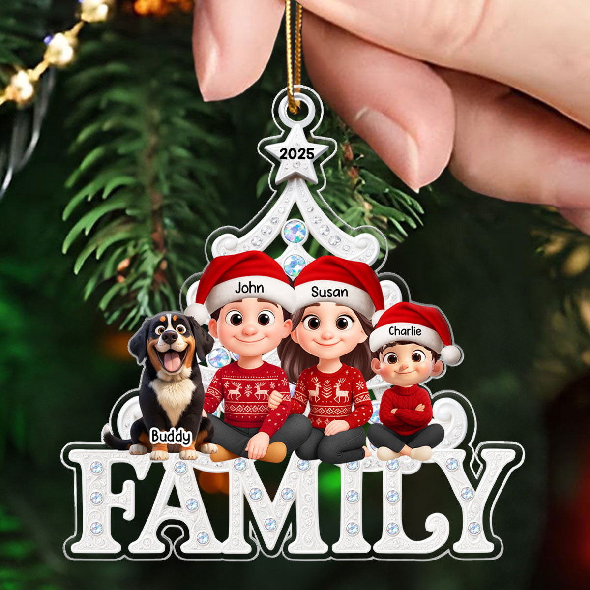 Family Sitting Metallic Mix Crystal Effect - Personalized Acrylic Ornament - Christmas Gift for Family