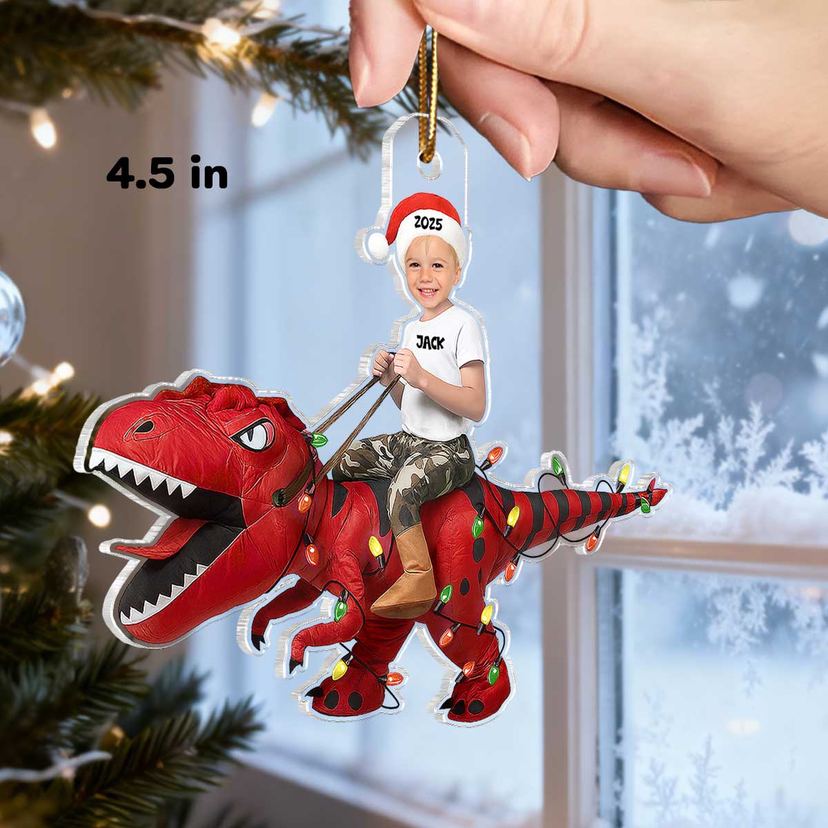 3D Effect Custom Face Kid With Dinosaur - Personalized Acrylic Ornament - Gift For Kids, Granddaughter, Grandson, Daughter, Son