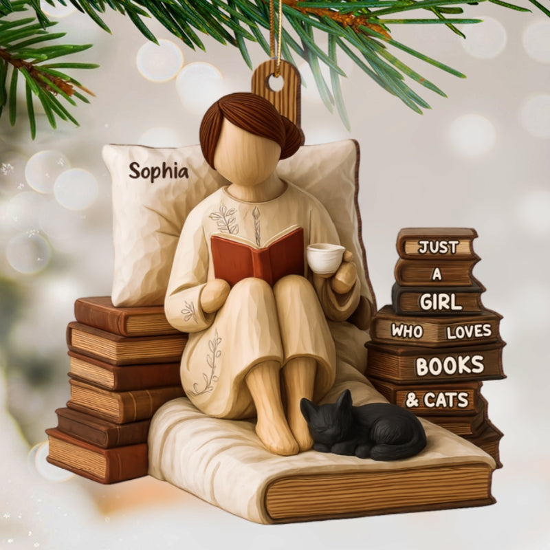 Just A Girl Who Loves Books & Cats 3D Effect - Personalized Wooden Ornament - Christmas Gift For Book Lover, Bookworm